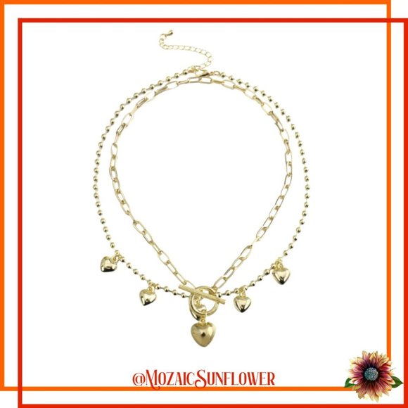 Gold Double Chain Choker With Heart Charms Toggle Clasp - Picture 1 of 3